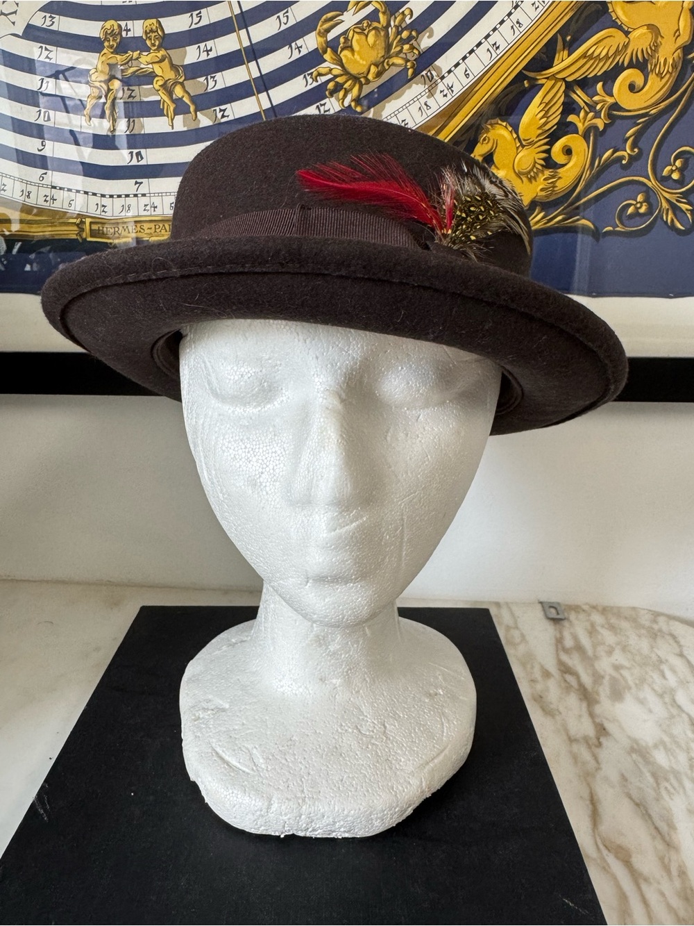 Classic Brown Wool Derby Hat with Feather Trim